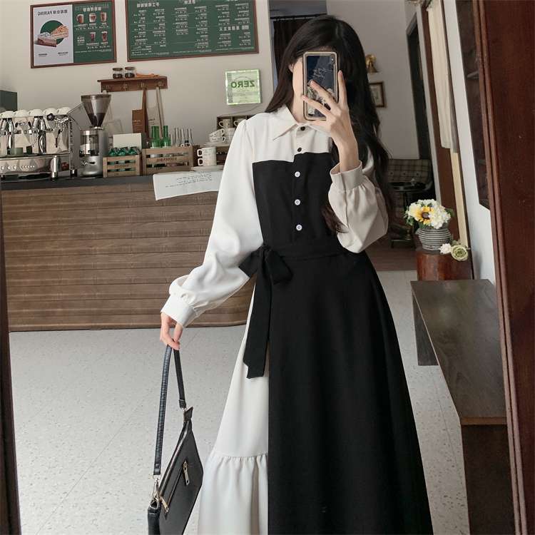 モード系ファッション ワンピース モノトーン配色バイカラーデザインロングワンピース｜美シルエット×Aライン×体型カバー