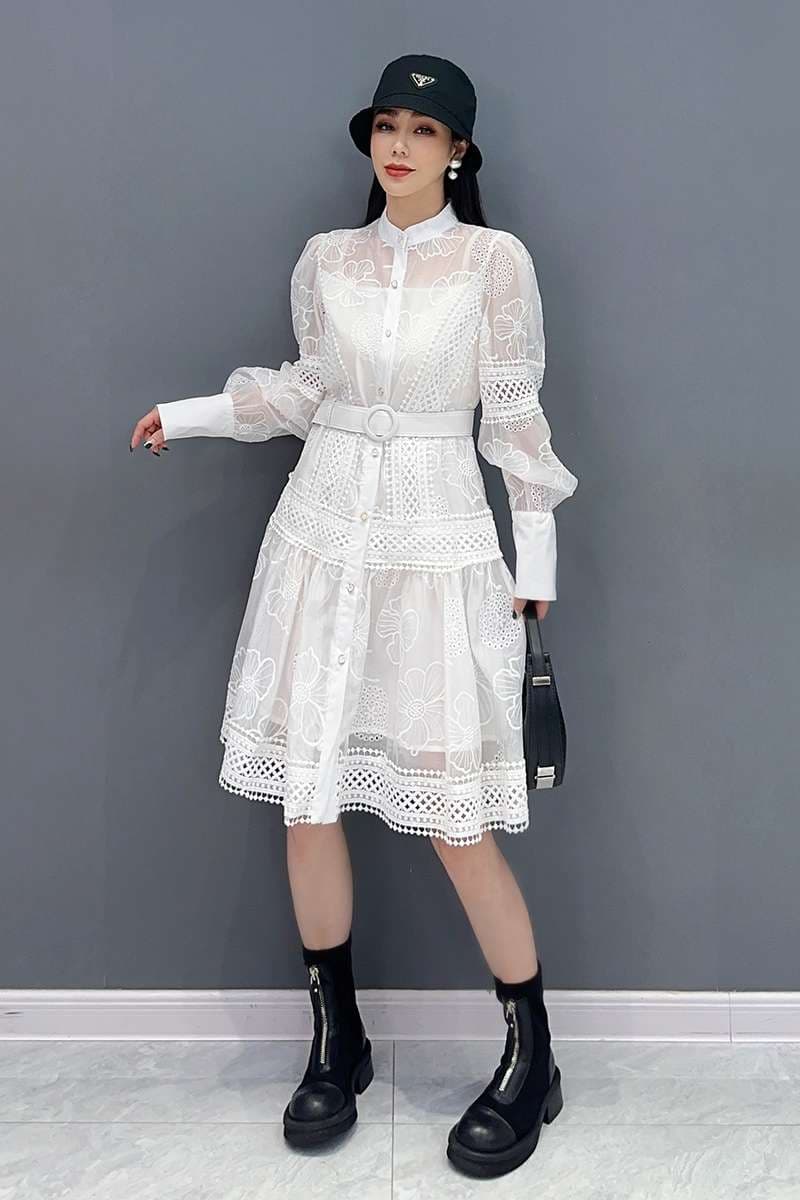 モード系ファッション エレガントレースシアードレス 白黒2色展開