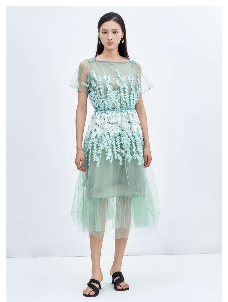 モード系ファッション エアリーフローラルチュールドレス