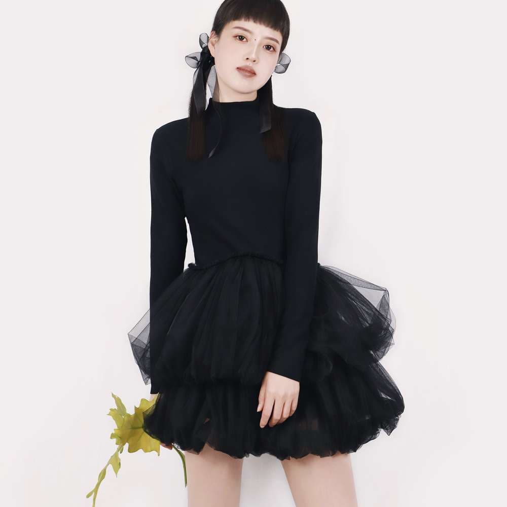 モード系ファッション エコシックなチュール2段バルーンワンピース