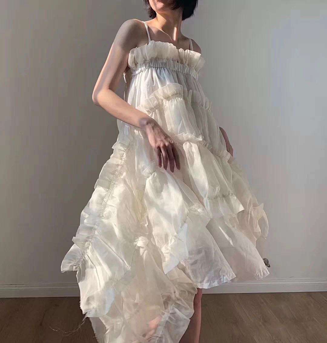 モード系ファッション エアリーティアードフリルサンドレス　パーティードレス