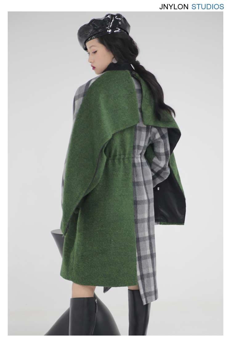 モード系ファッション エレガントチェック柄グリーンケープコート