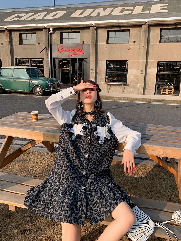 モード系ファッション ヴィンテージ風レオパード柄パフスリーブワンピース
