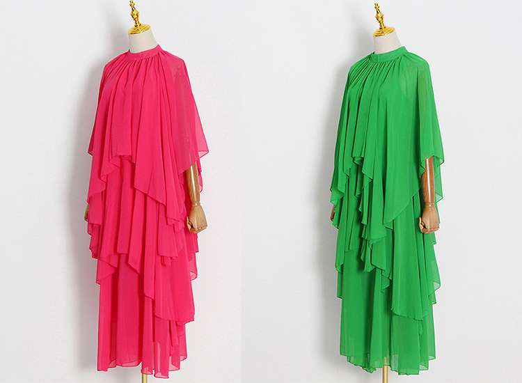 モード系ファッション フューシャピンク・カスケーディングラッフルドレス