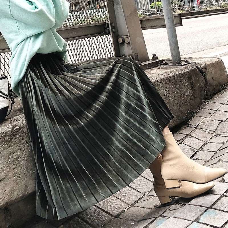 モード系ファッション プリーツロングスカート