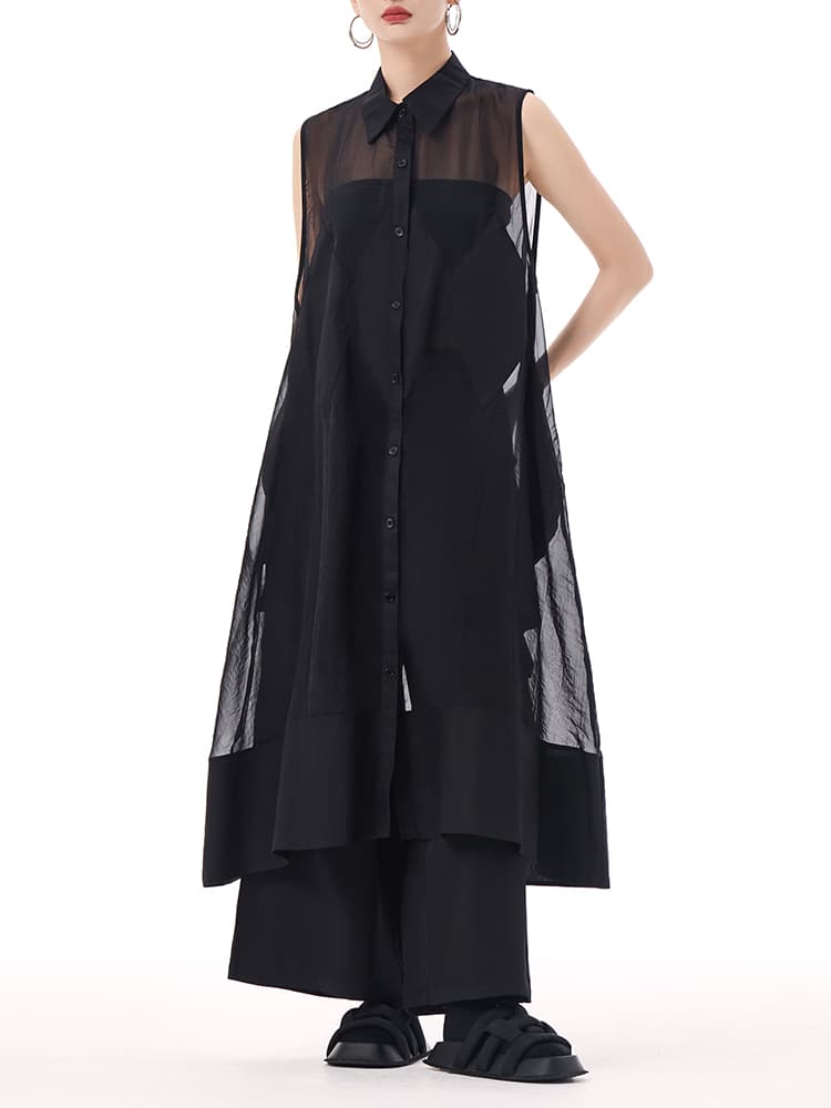 モード系 モード感溢れるシアーロングシャツ｜ノースリーブ・透け感・アシンメトリーデザイン・ホワイト／ブラック