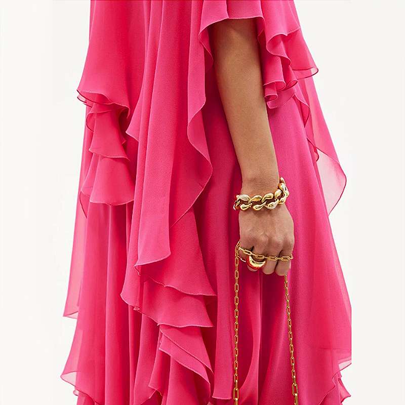 モード系ファッション フューシャピンク・カスケーディングラッフルドレス