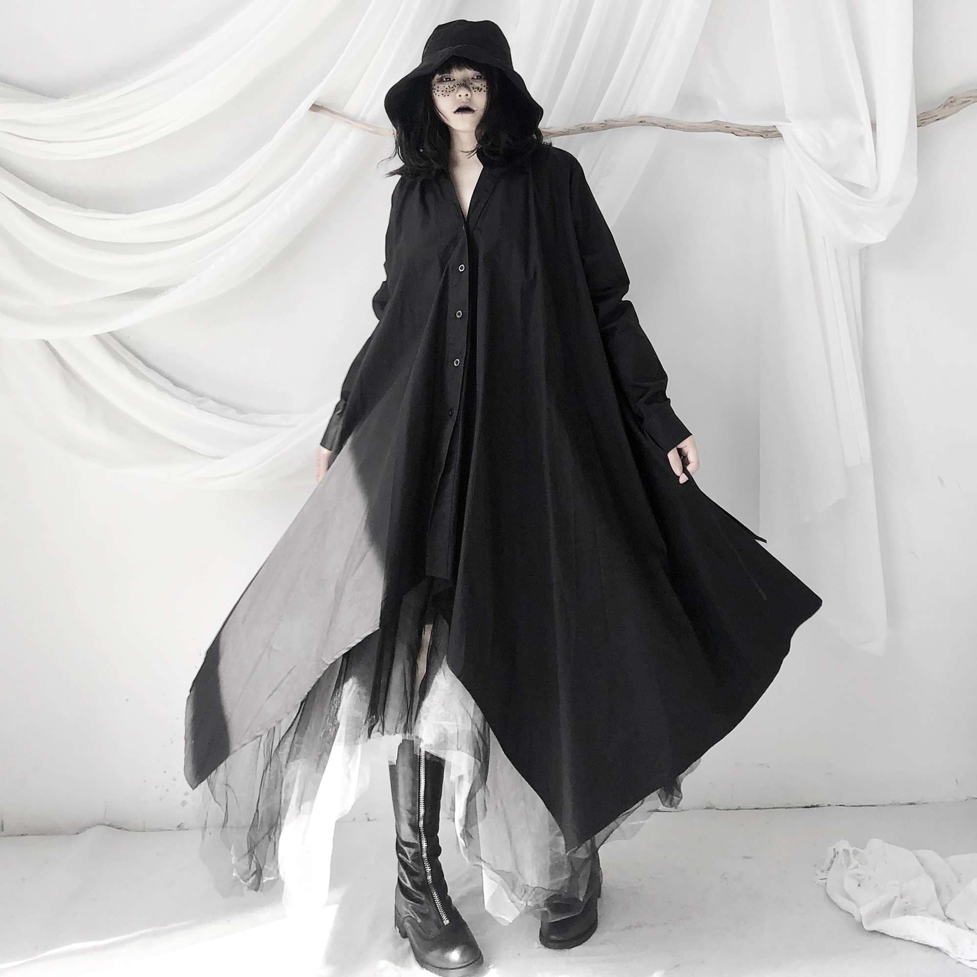 モード系ファッション ドレープシルエット マキシ丈コートワンピース