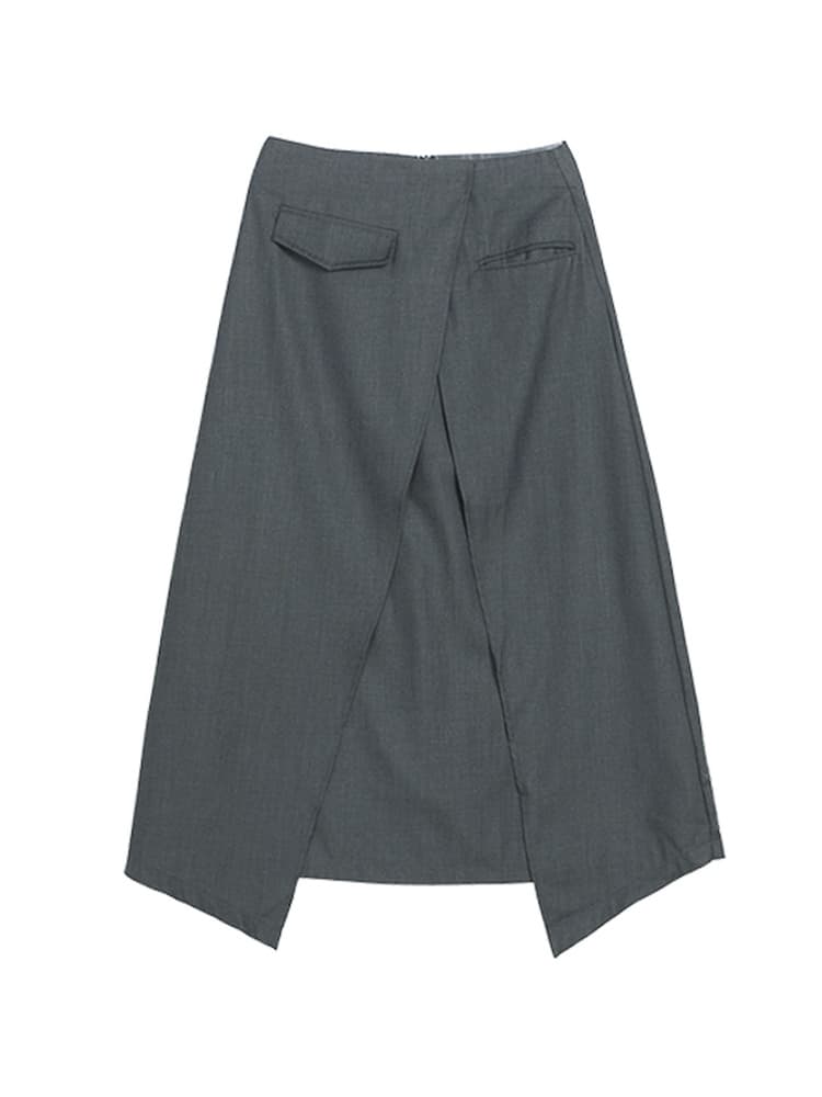 モード系 タック風フロントデザインで縦ライン強調｜骨格ストレートに映えるミディスカート【高見えグレーカラー】