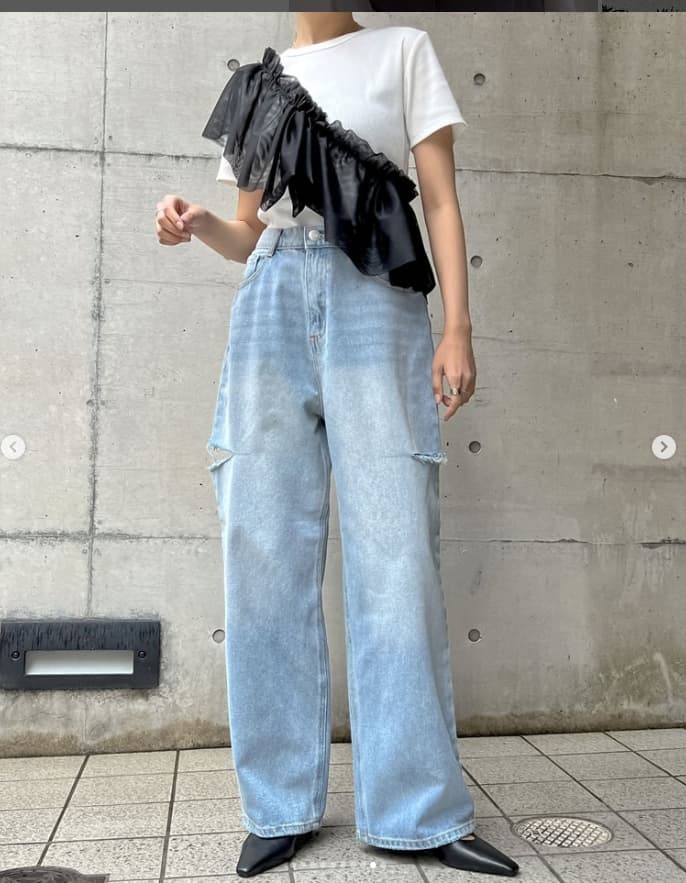 モード系ファッション ルーズフィット プチプラダメージデニムパンツ