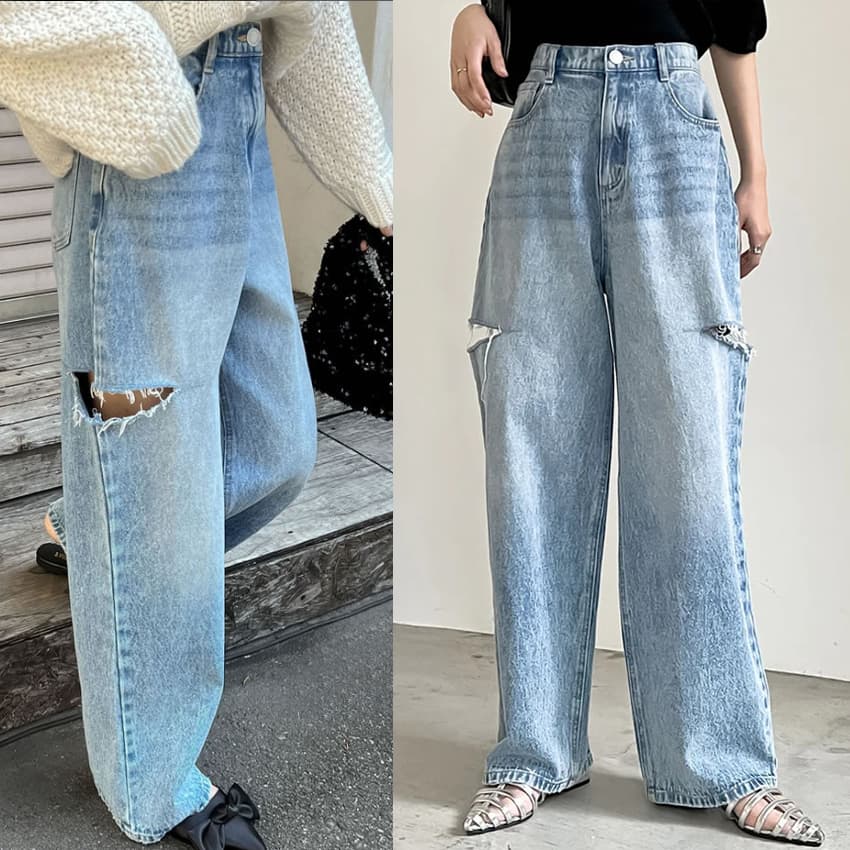 モード系ファッション ルーズフィット プチプラダメージデニムパンツ