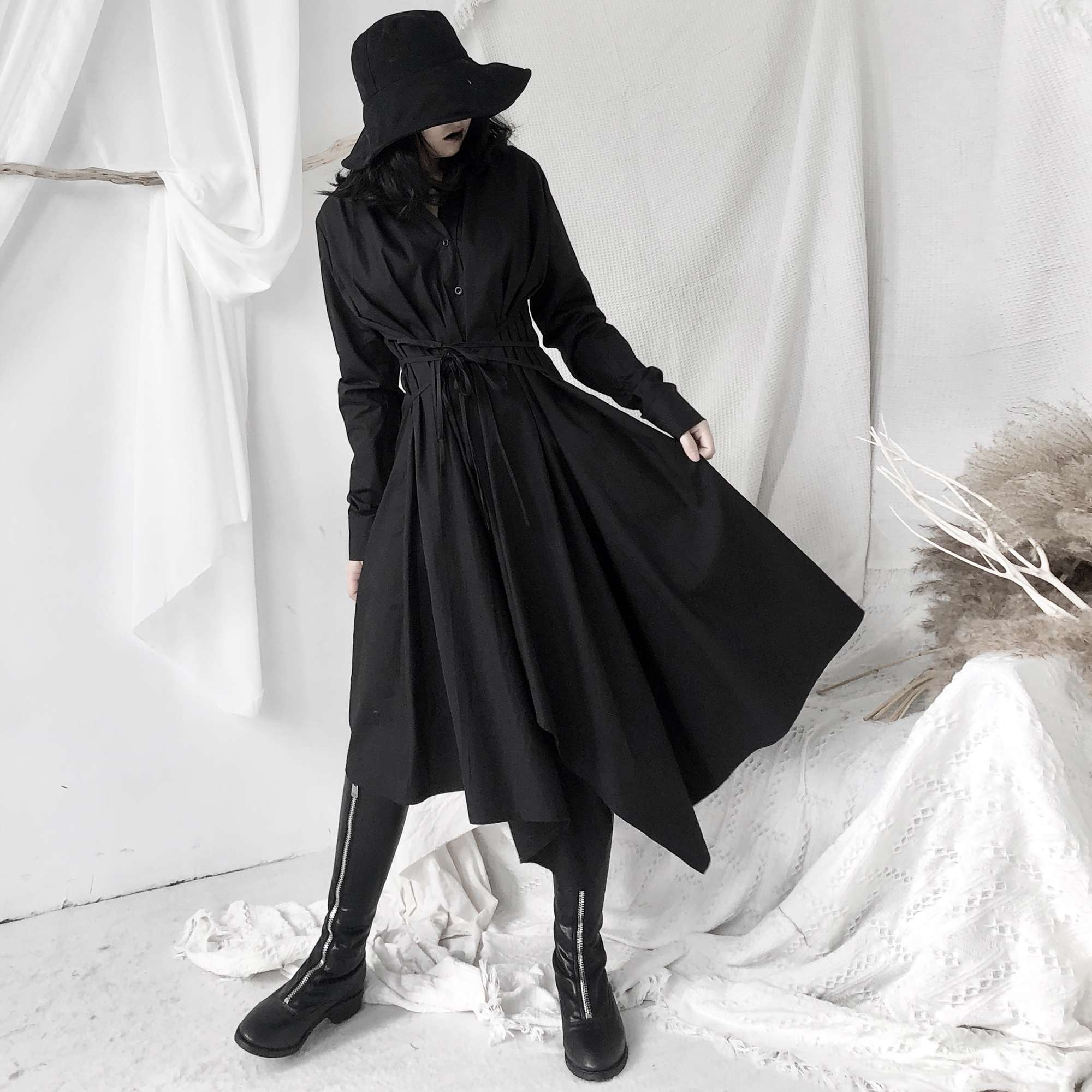 モード系ファッション ドレープシルエット マキシ丈コートワンピース