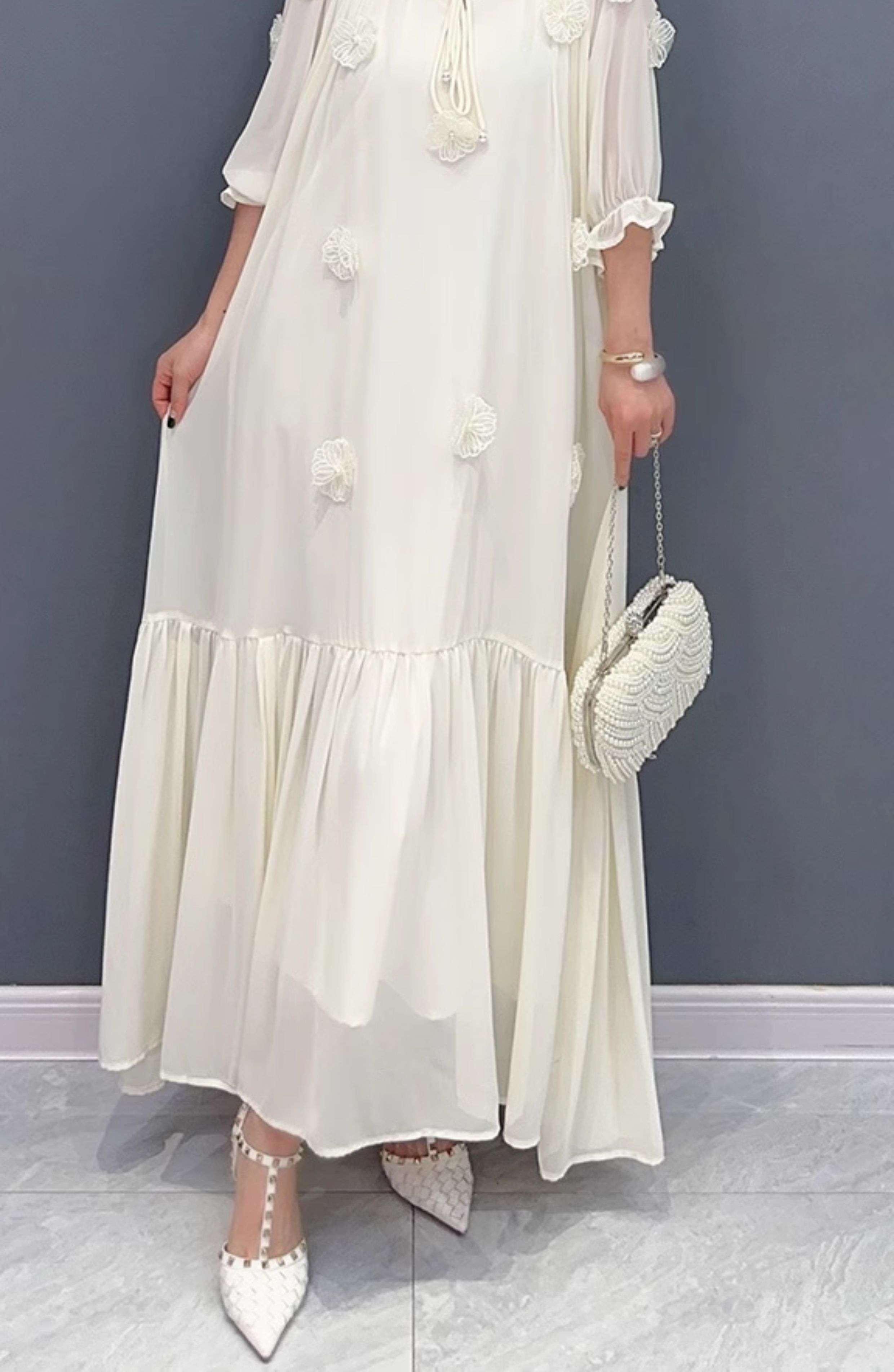 モード系ファッション エレガントフラワーモチーフマキシワンピース