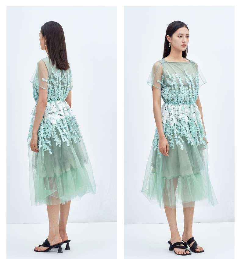 モード系ファッション エアリーフローラルチュールドレス