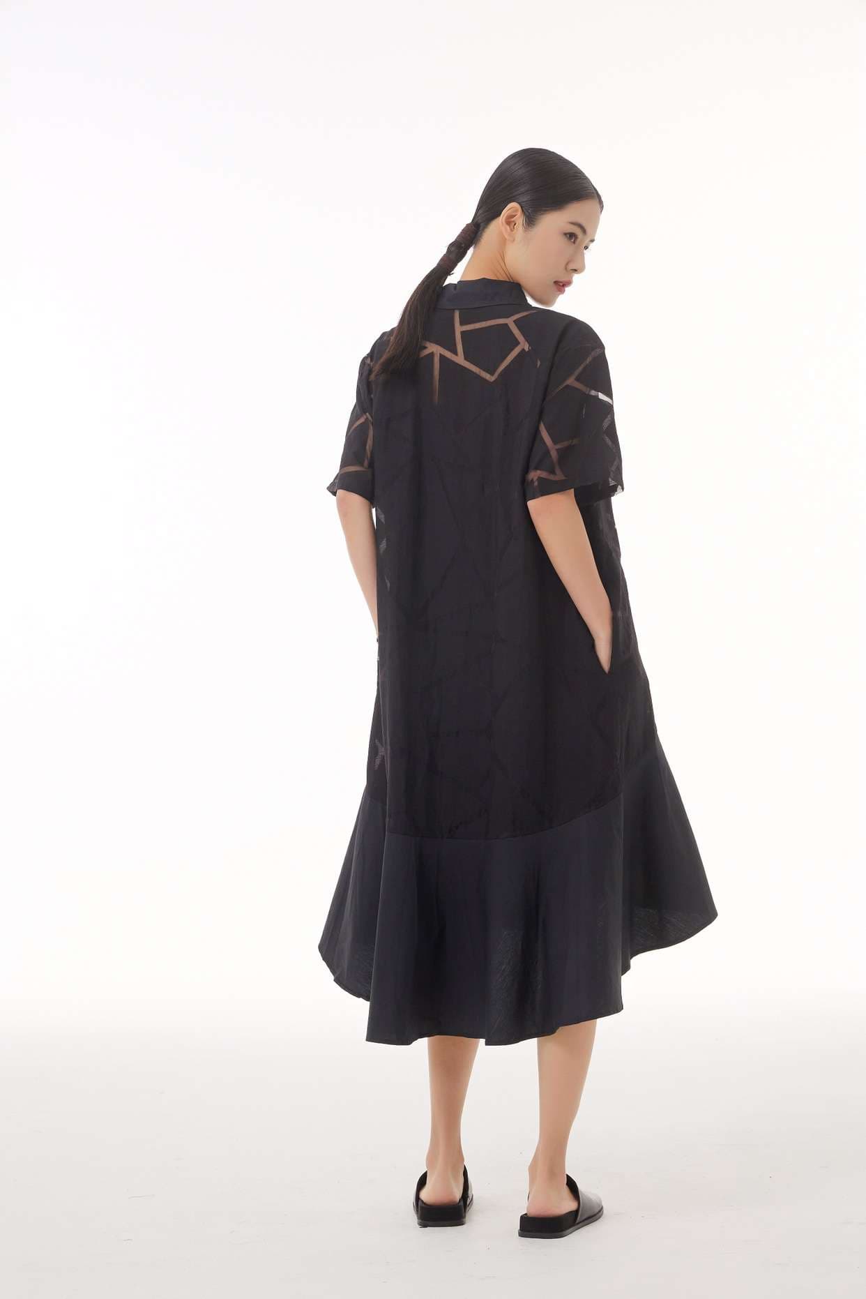 モード系ファッション 【M〜2XL対応】幾何学柄シースルー×シャツデザインワンピース（3色展開）