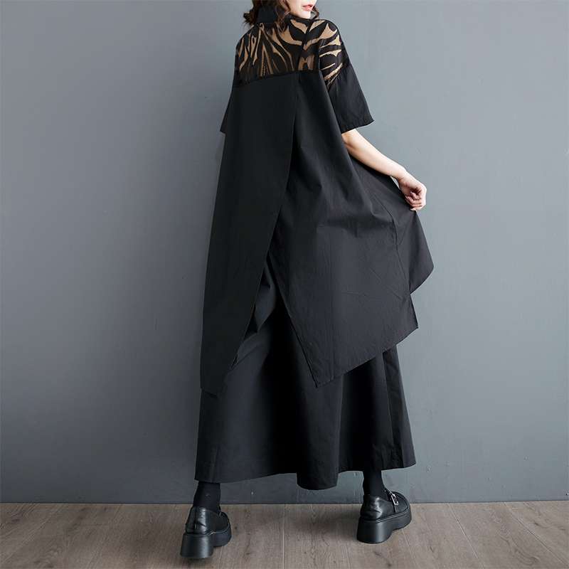 モード系ファッション 「シアー切り替えアシンメトリーシャツ｜モード感漂う上質デザイン【体型カバーも◎】」