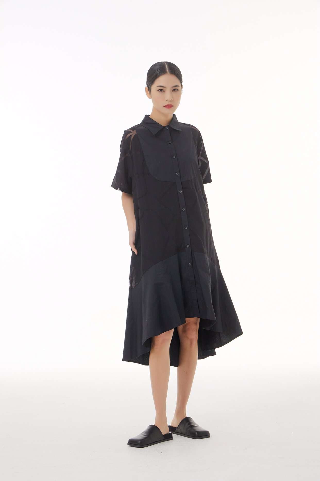 モード系ファッション 【M〜2XL対応】幾何学柄シースルー×シャツデザインワンピース（3色展開）