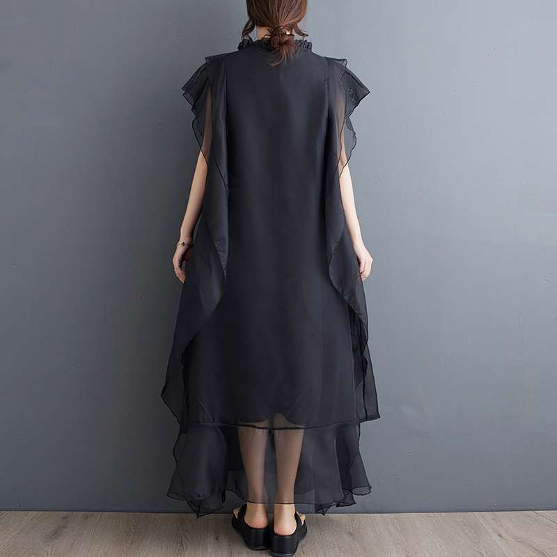 モード系ファッション 【フリーサイズ／ゆったり設計】アシンメトリーレイヤード×シアーワンピース（ブラック）