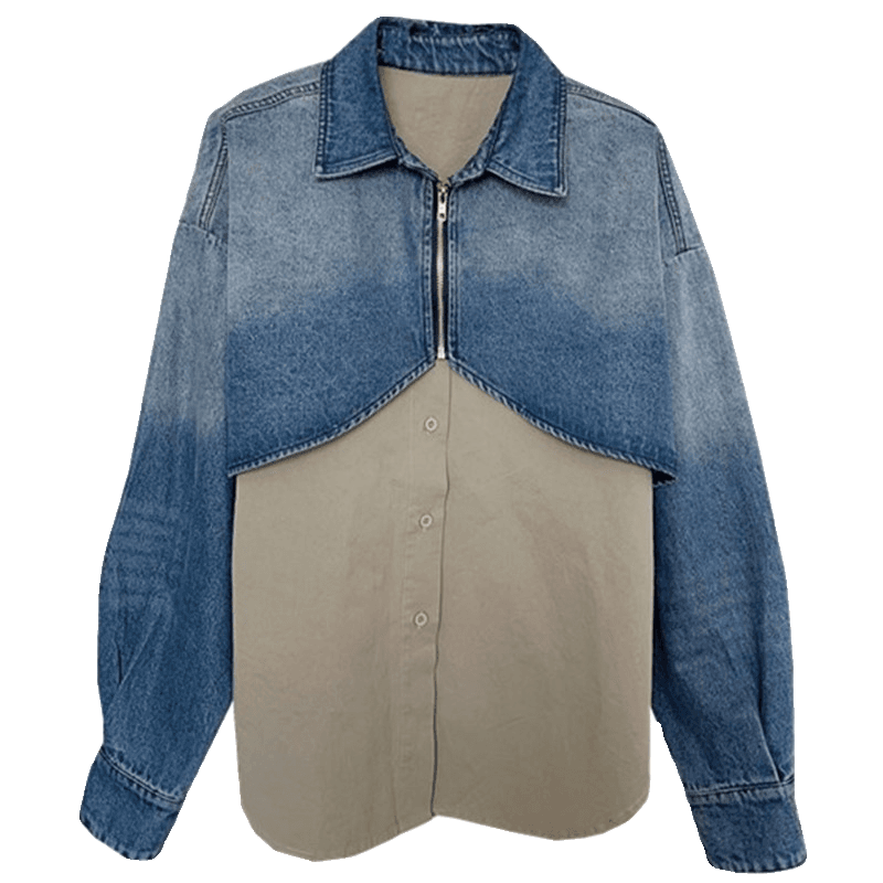 モード系ファッション デニム切り替えオーバーサイズシャツコート