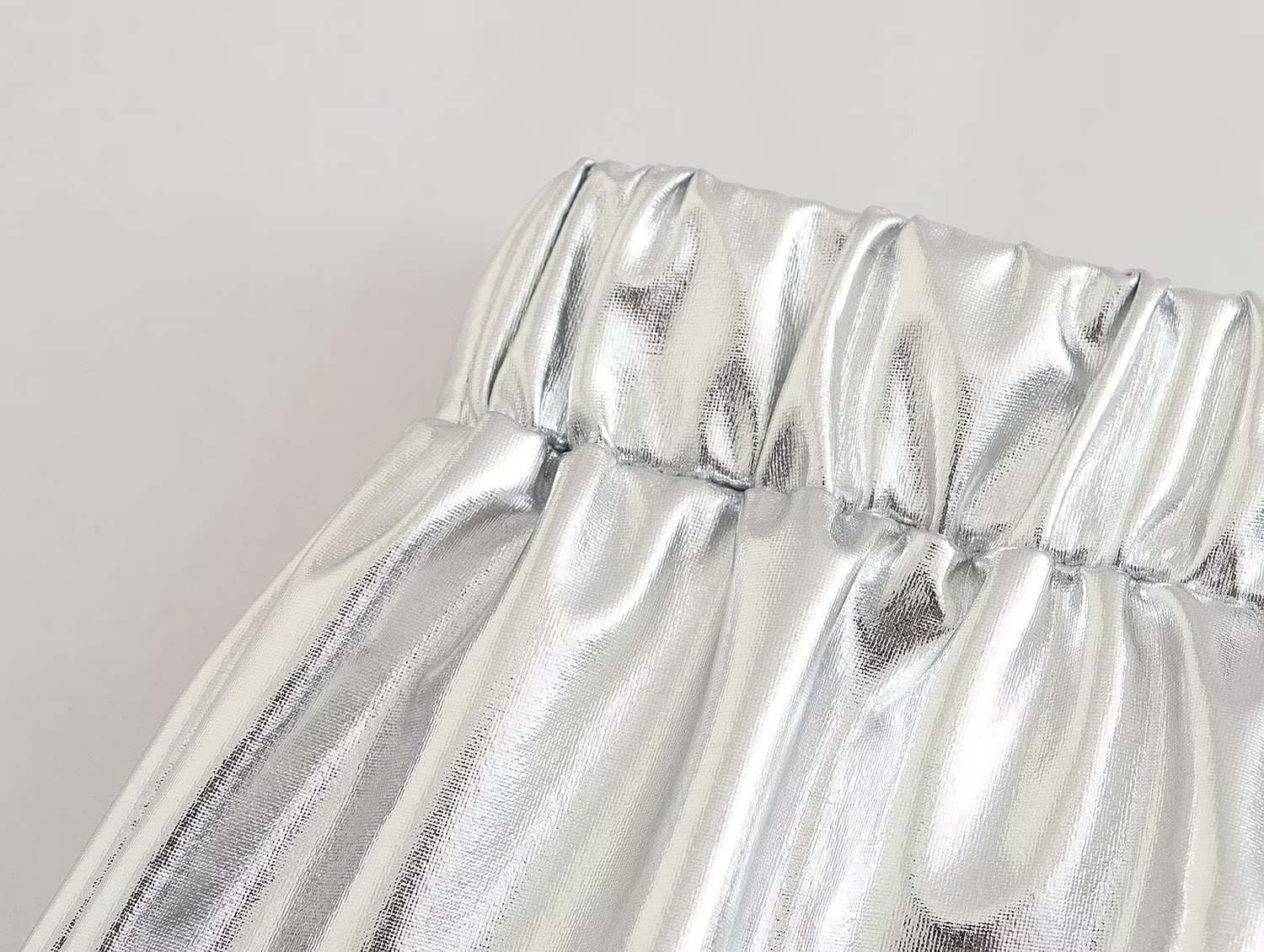 モード系ファッション メタリックティアードマキシスカート