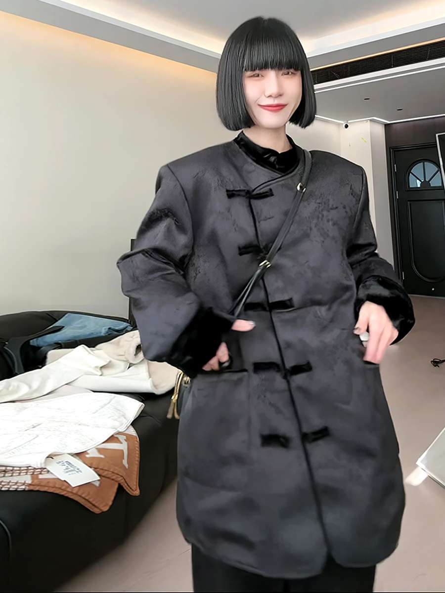 モード系ファッション チャイナ風デザイン光沢ロングコート