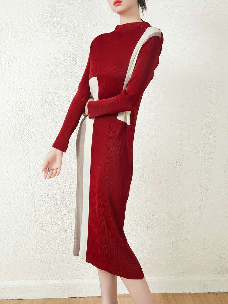 モード系ファッション コントラストカラーブロックニットワンピース