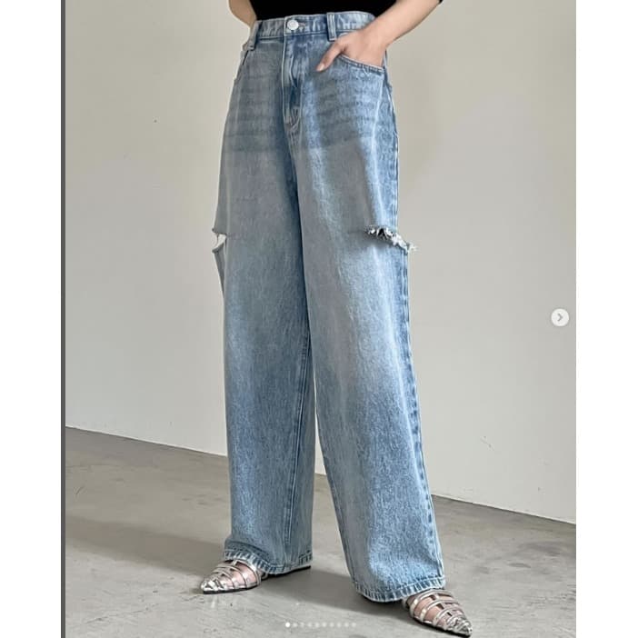モード系ファッション ルーズフィット プチプラダメージデニムパンツ