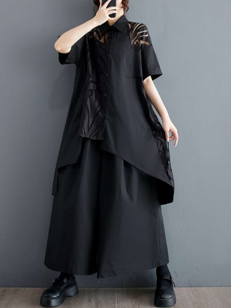 モード系ファッション 「シアー切り替えアシンメトリーシャツ｜モード感漂う上質デザイン【体型カバーも◎】」