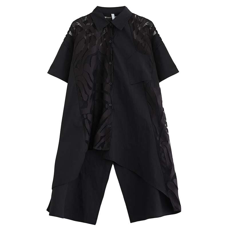 モード系ファッション 「シアー切り替えアシンメトリーシャツ｜モード感漂う上質デザイン【体型カバーも◎】」