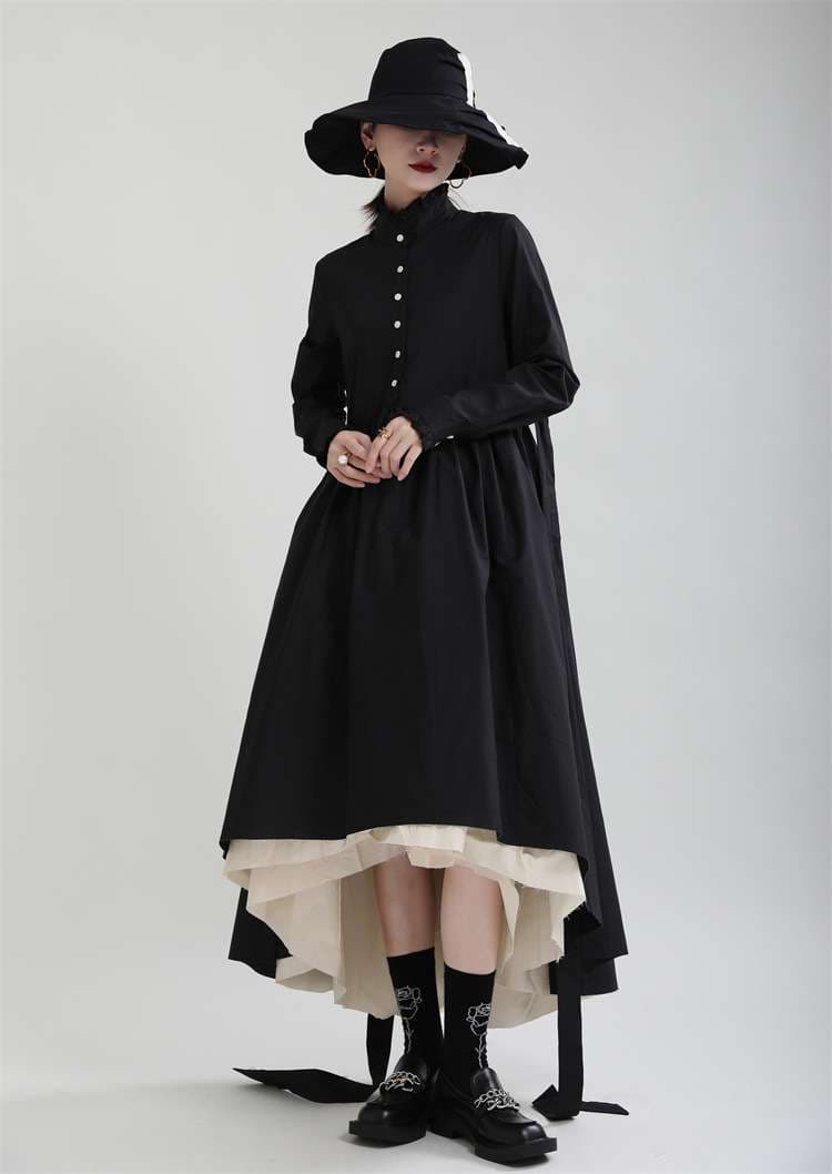 モード系ファッション クラシカルな存在感を放つレイヤードデザインワンピース｜アシンメトリー裾×ハイネック×モードロング丈