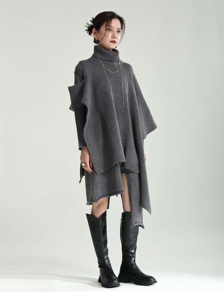 モード系ファッション 【体型カバー×モード映え】アシンメトリーニットワンピース〈グレー〉フリル袖×ハイネック／秋冬ロング丈