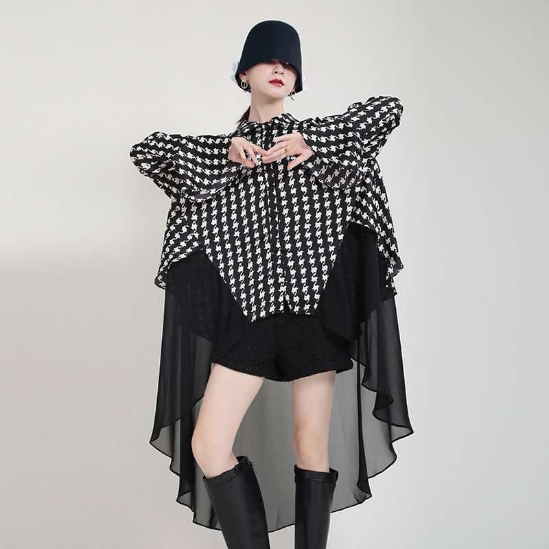 モード系ファッション モノトーン千鳥格子フリルケープシャツ