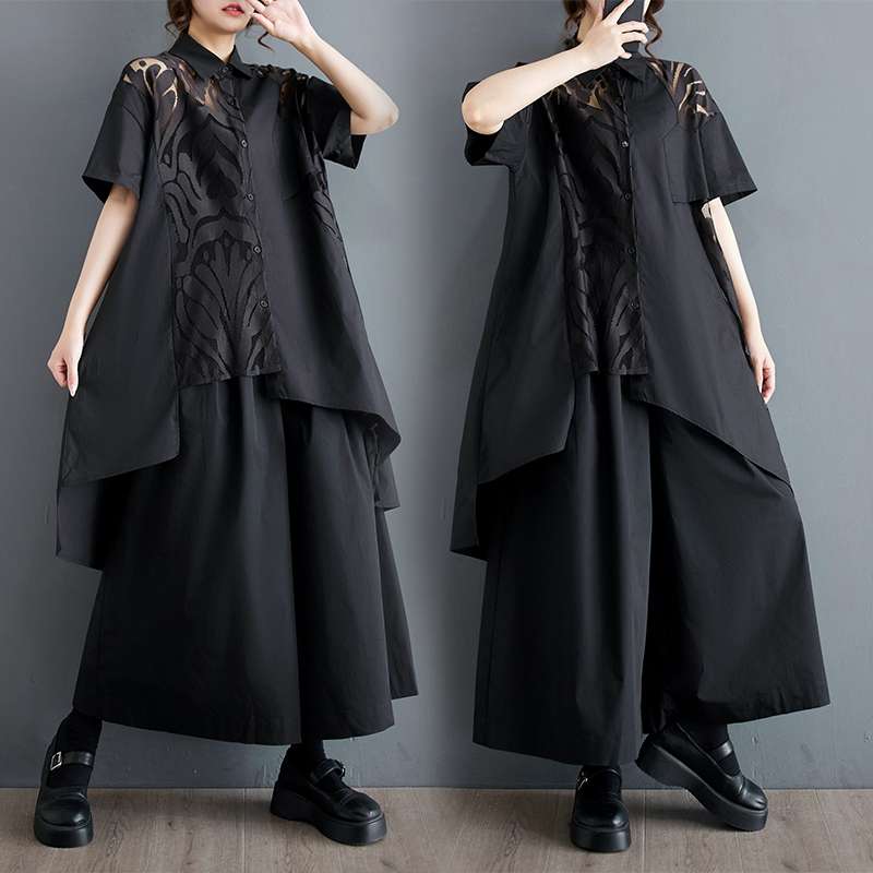 モード系ファッション 「シアー切り替えアシンメトリーシャツ｜モード感漂う上質デザイン【体型カバーも◎】」