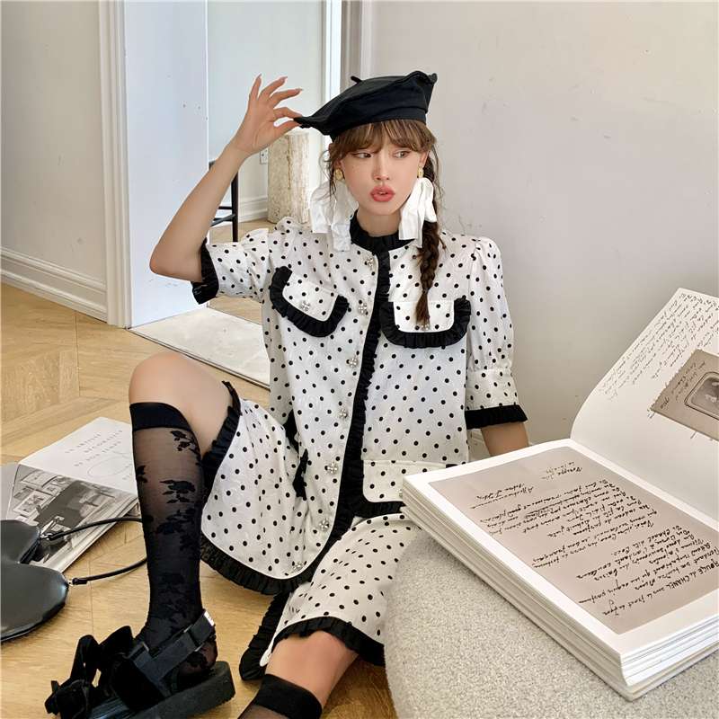 モード系ファッション レトロポルカドット柄ツーピースセット
