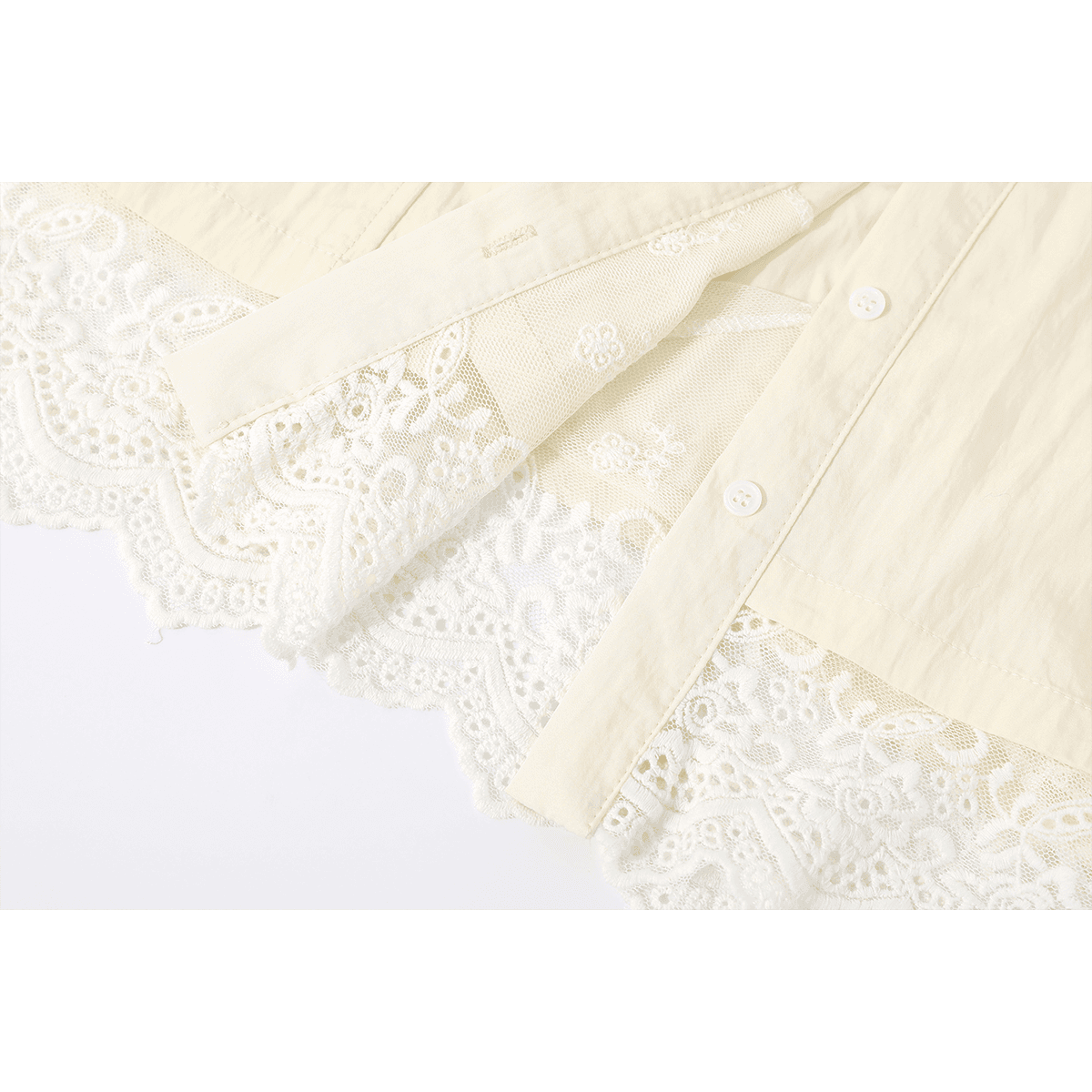 モード系 【M〜XL相当】レース切替 ショート丈シャツ｜レディース シアー レース ブラウス