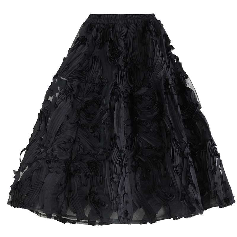 モード系ファッション フローラルテクスチャーチュールロングスカート