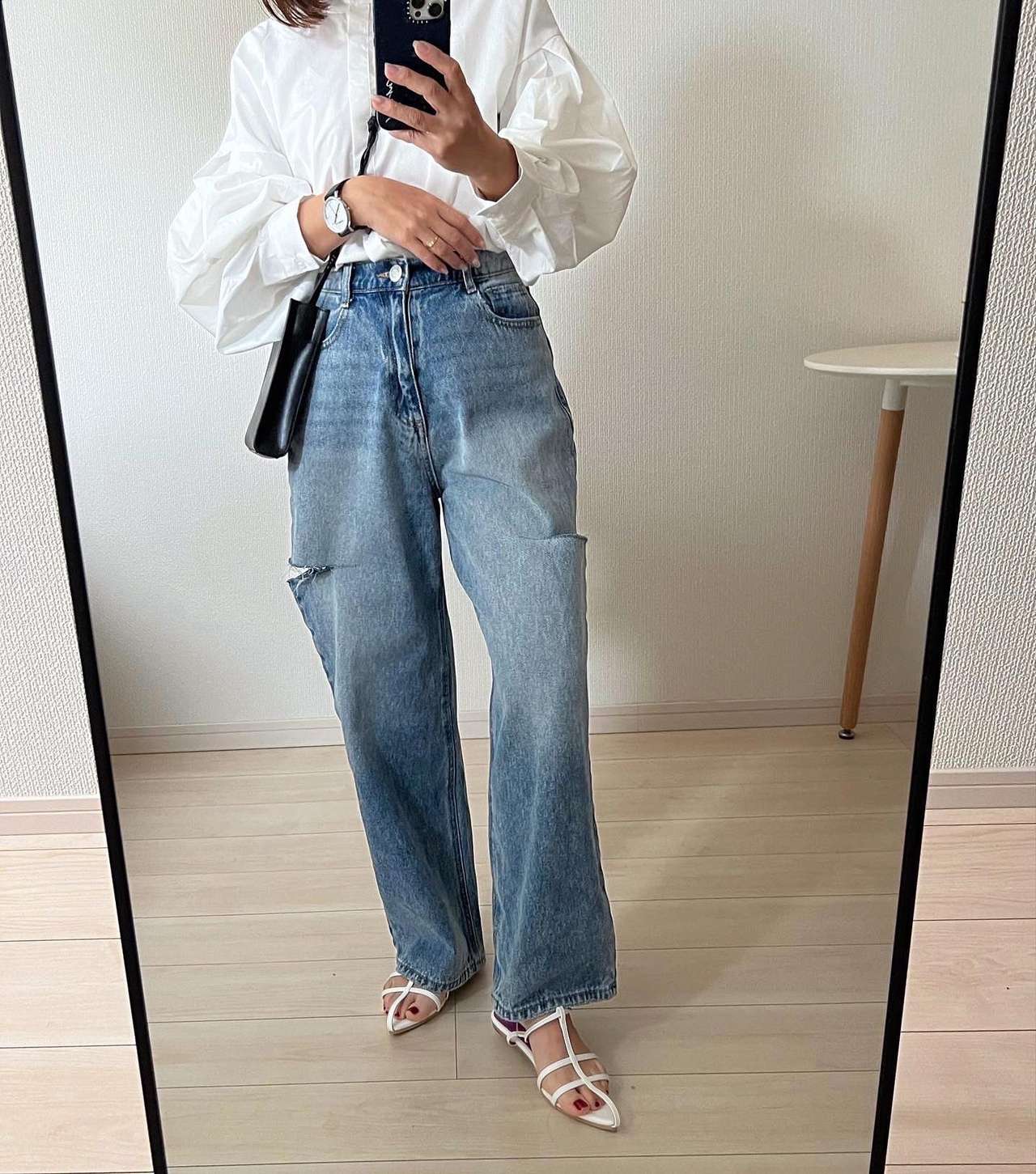 モード系ファッション ルーズフィット プチプラダメージデニムパンツ