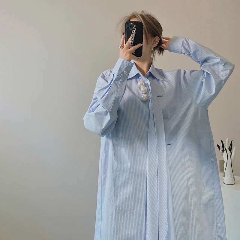 モード系ファッション アシンメトリーデザイン ストライプシャツドレス