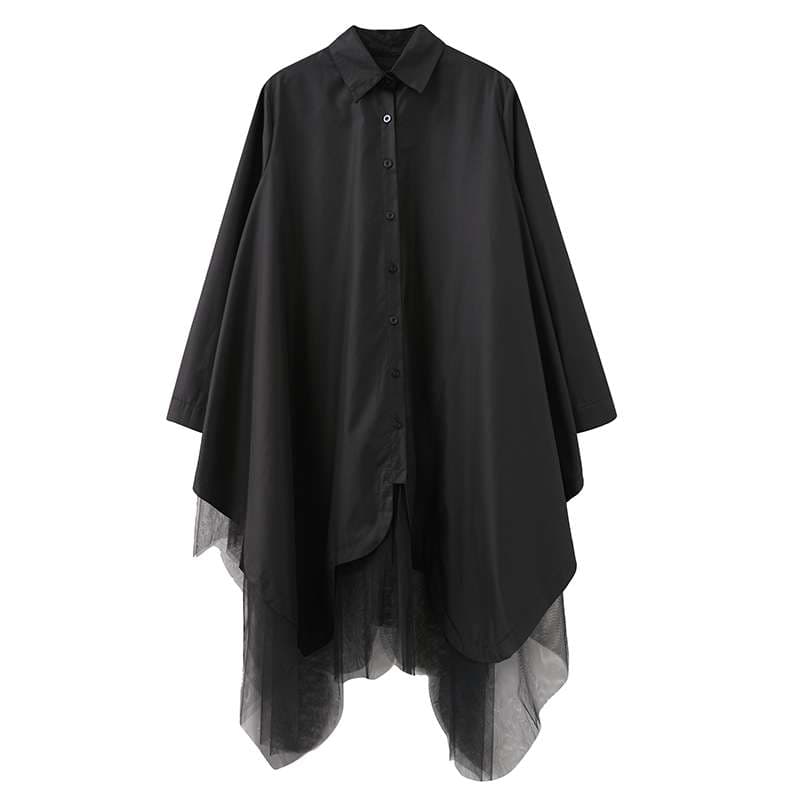モード系ファッション レイヤードチュールシャツワンピース