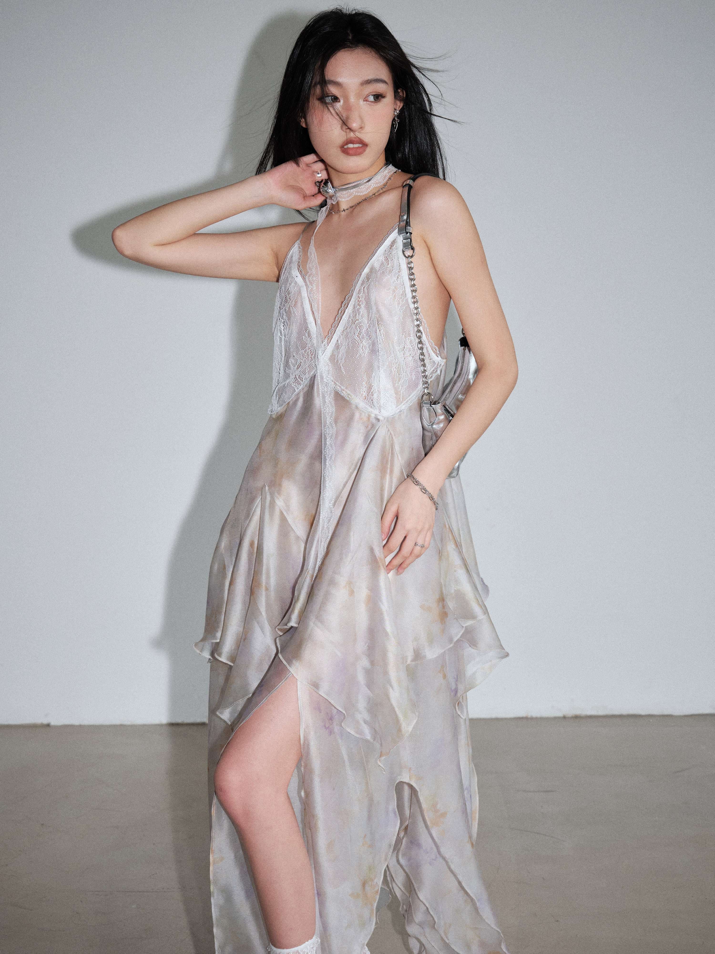 モード系ファッション エアリーシルエット シフォンレースドレス　パーティードレス