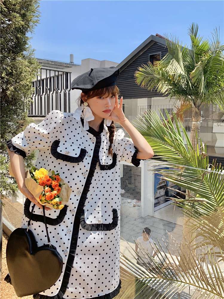 モード系ファッション レトロポルカドット柄ツーピースセット