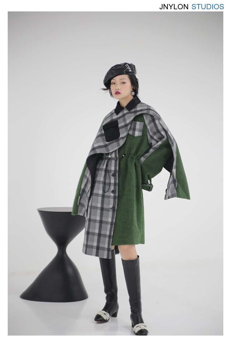 モード系ファッション エレガントチェック柄グリーンケープコート