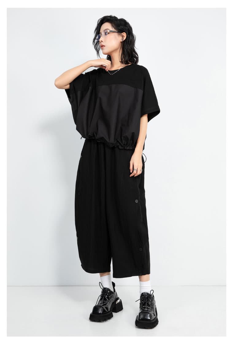 モード系 【立体感のあるモードスタイルを叶える、ドロスト裾×切り替えTシャツ】