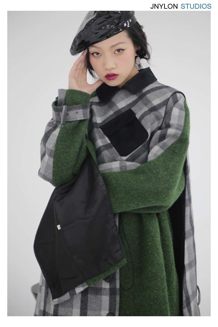 モード系ファッション エレガントチェック柄グリーンケープコート