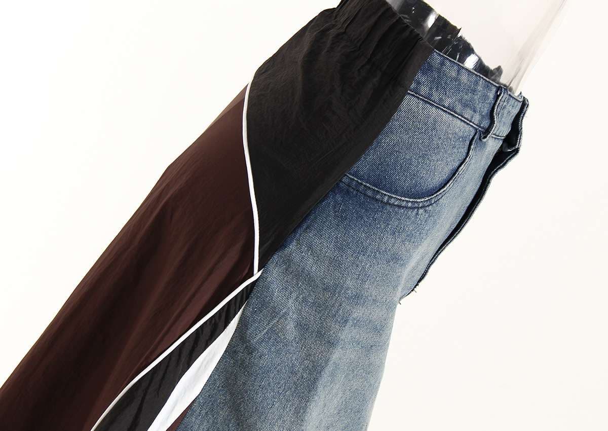 モード系ファッション デニムパネルコントラストマキシスカート