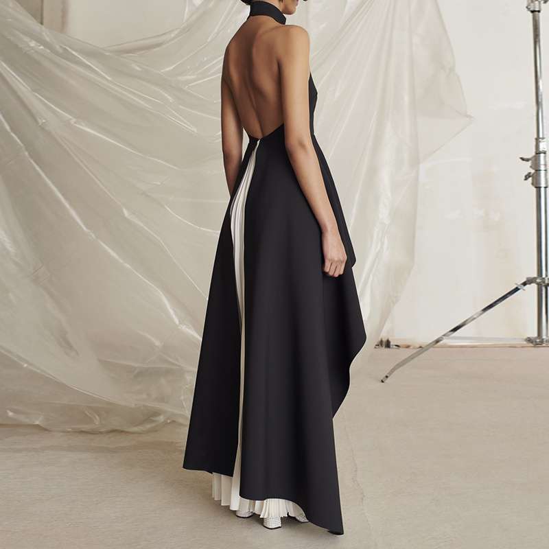 モード系ファッション モノトーンコントラストプリーツドレス