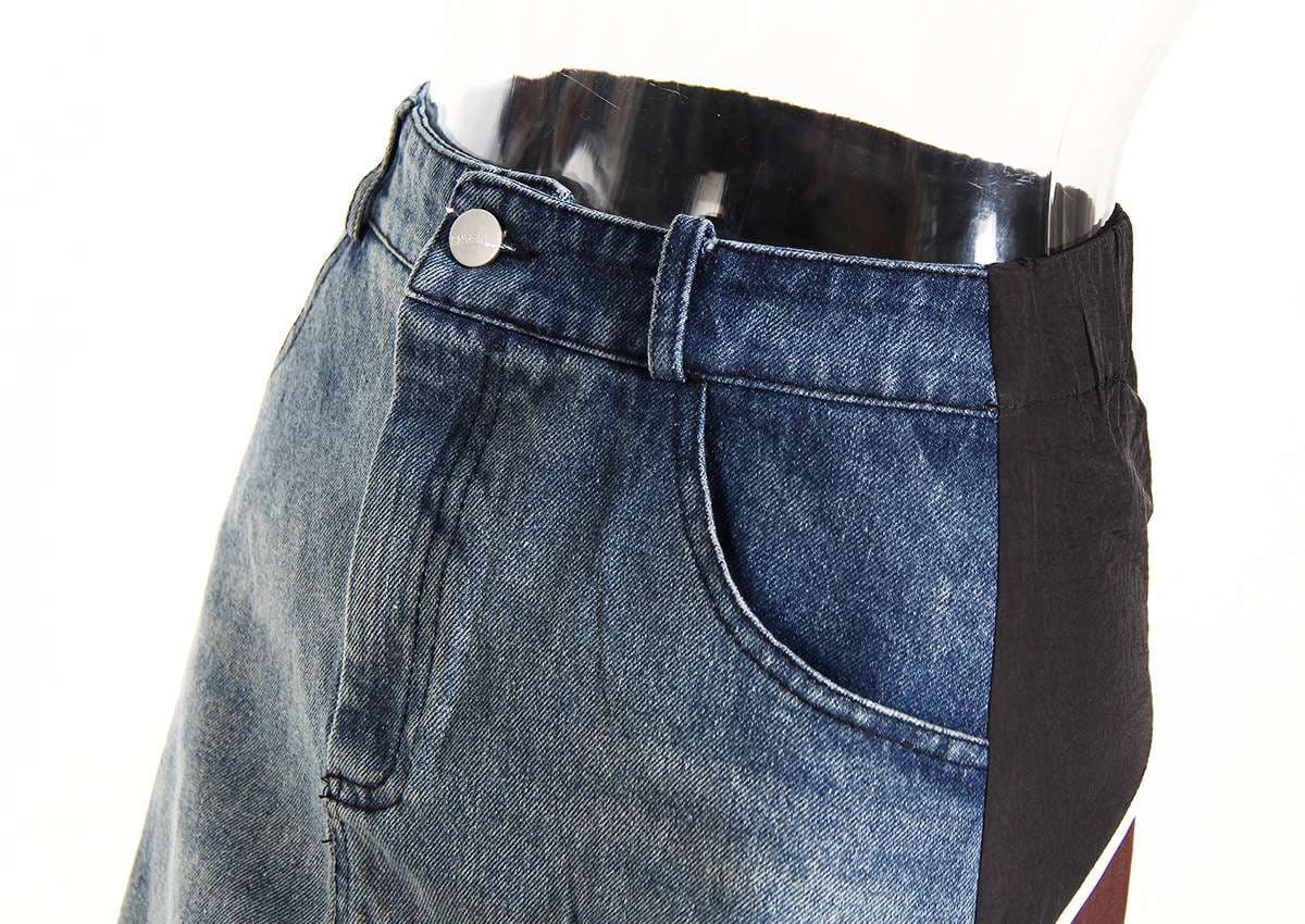 モード系ファッション デニムパネルコントラストマキシスカート