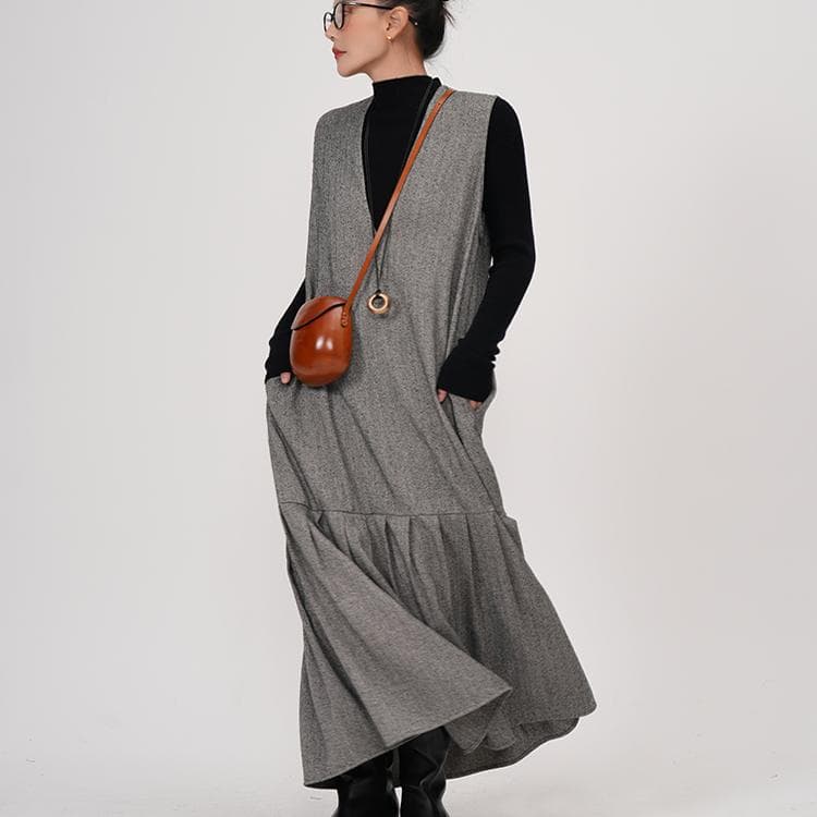 モード系 【S〜XL】深V×起毛ツイード見え フィッシュテールワンピース