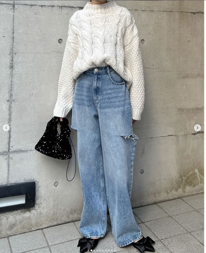 モード系ファッション ルーズフィット プチプラダメージデニムパンツ
