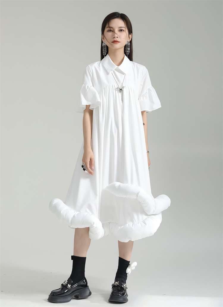 モード系ファッション立体カットデザイン ワンカラー フレアワンピー